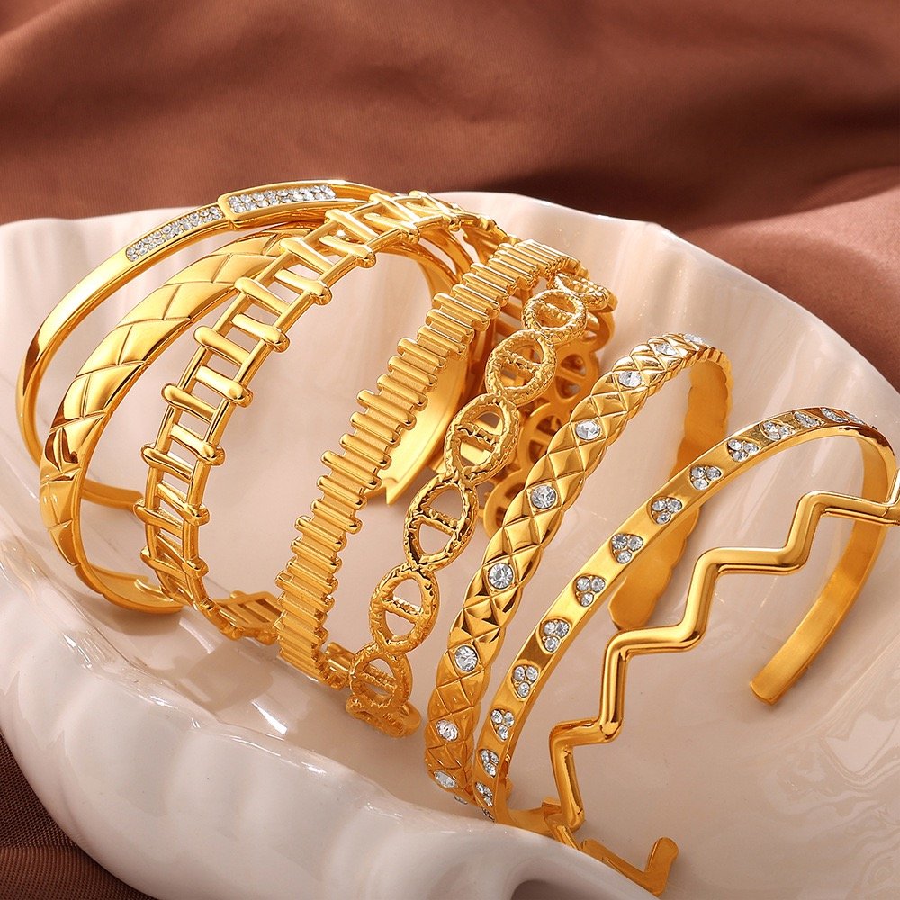 BR001GDOP Gold-tone open-cuff stacked bracelet